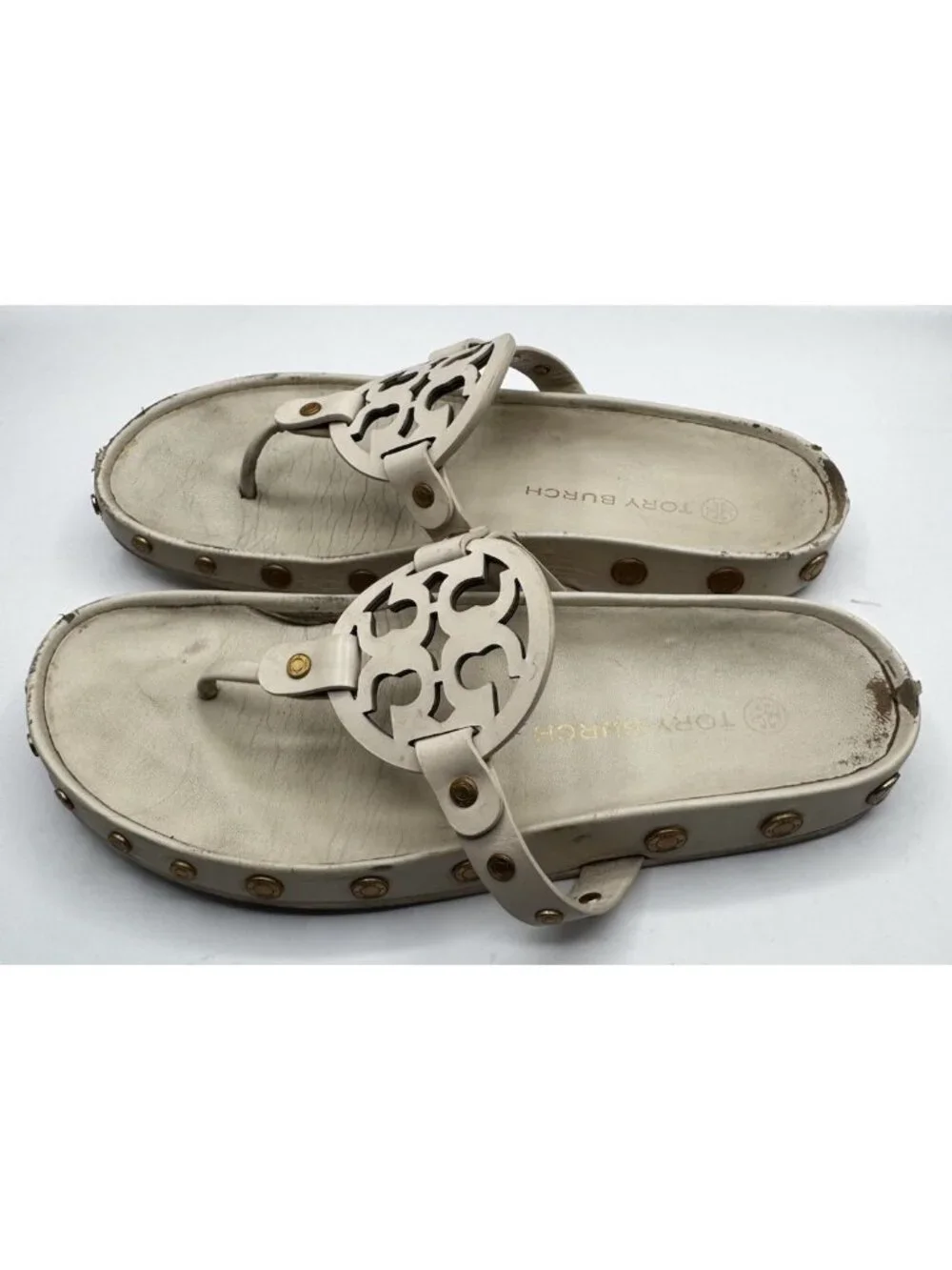 Tory Burch Womens Miller Cloud Coin Thong Sandal Double T Logo New Cream Sz 8